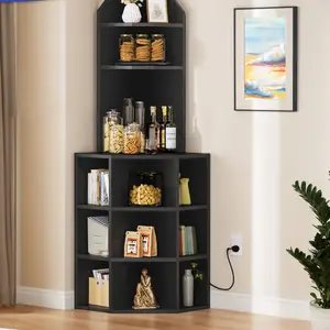 DWVO Corner Shelf with USB Ports & Outlets, Industrial Corner Storage Cabinet Rack Charging Station, Wooden Display Bookshelf Bookcase for Living Room, Bedroom, Dining Room, Kitchen