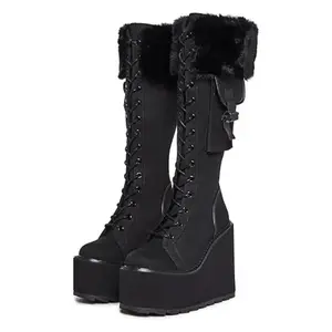 Punk Goth Boots Lace Up Chunky Wedge Heel Faux Fur Pouch Mid Calf Boots for Women Soft Stylish Girl Footwear