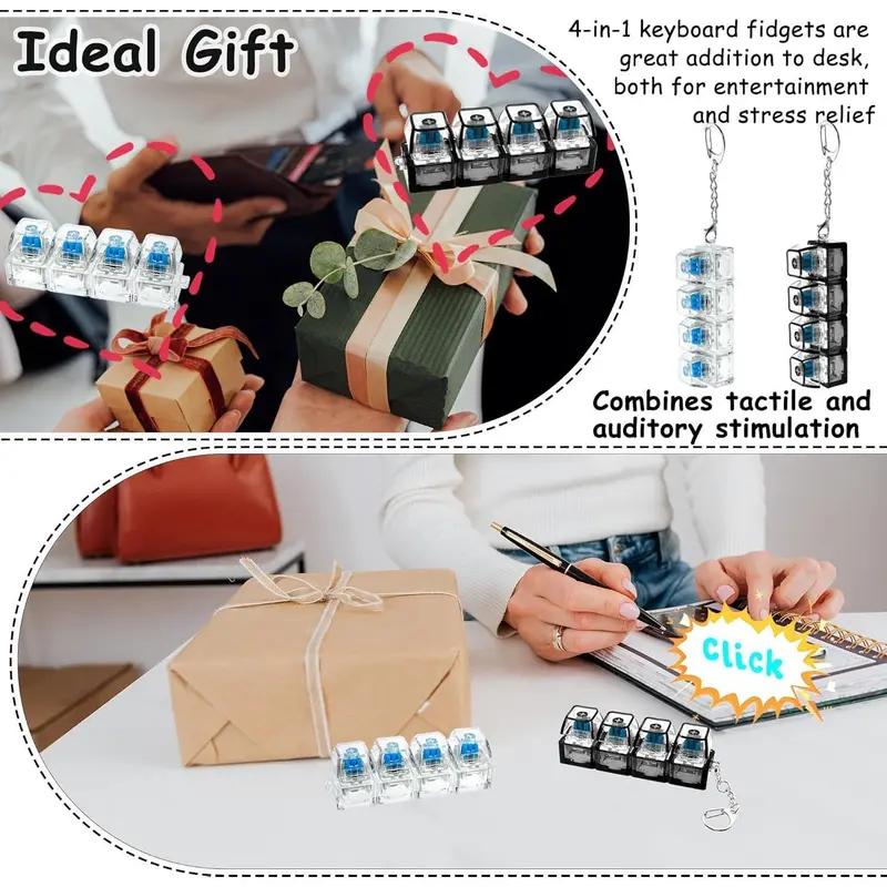 2 Pack Keyboard Fidget Keychain with Colorful LED Lights, Keyboard Fidget Toy, 4-in-1 Stress Clicker Toy, Keyboard Button for Anxiety Relief,Decompression  SqueezeToy for for Adults, Office, Library & Daily Use, Transparent Black & White