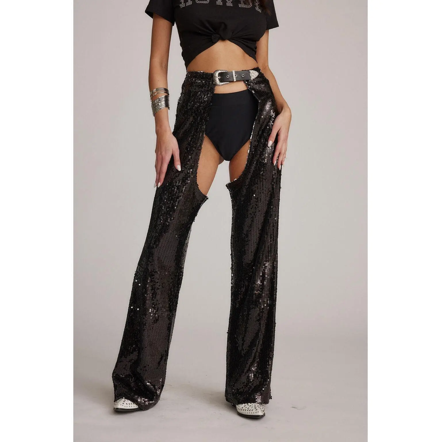 12th Tribe Hartley Black Sequin Chaps, Women's Cowboy Cowgirl Crop Bottoms for Festival Wear