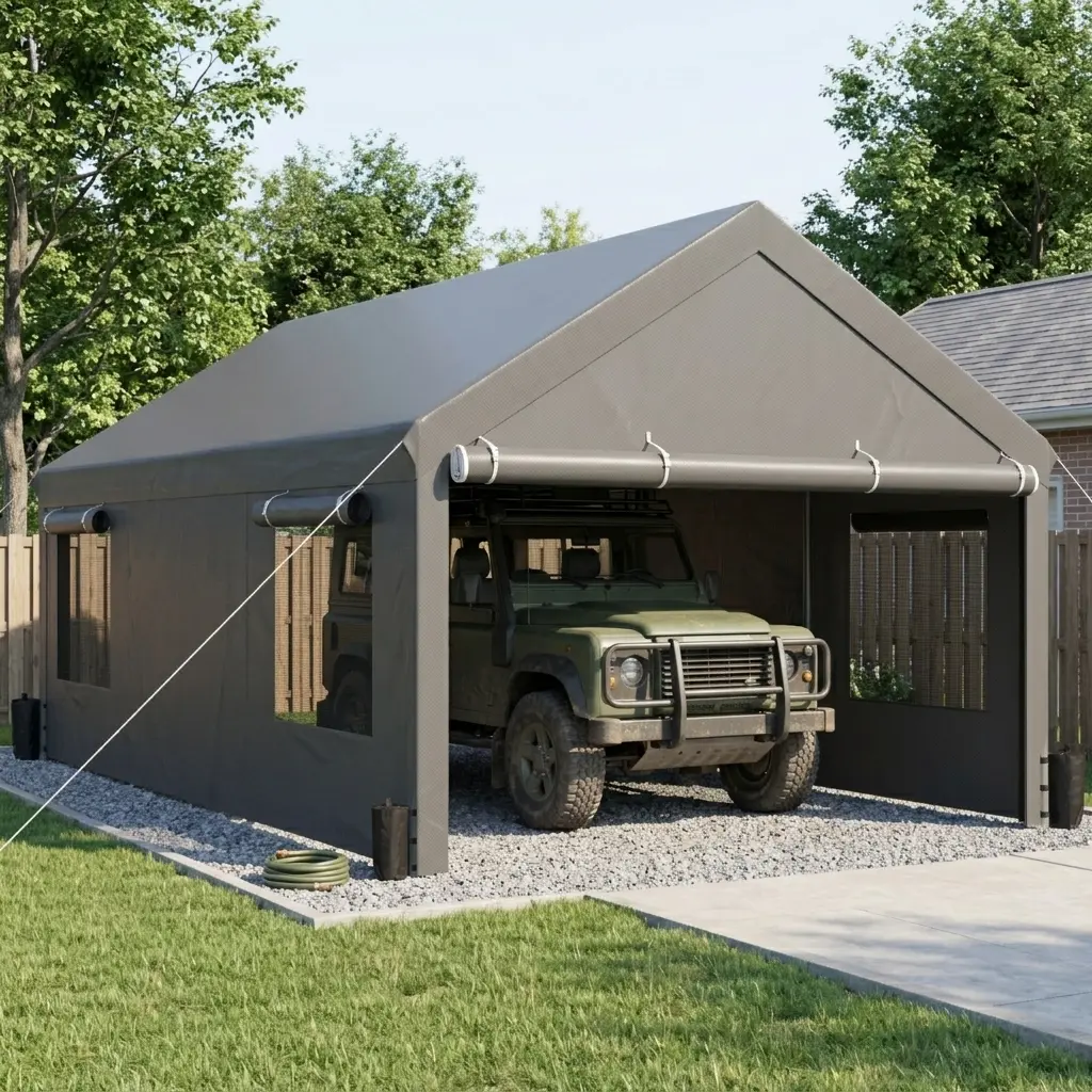Walsunny Carport 12x20ft Outdoor Car Canopy Portable Garage, Heavy Duty Shed Tent Gazebo Port with Roll-up Ventilated Windows & Removable Sidewalls Shelter Storage Vehicle Party Moisture Prevention for Camp, Farm, Tool, Grey, Khaki, White,Durable Pvc