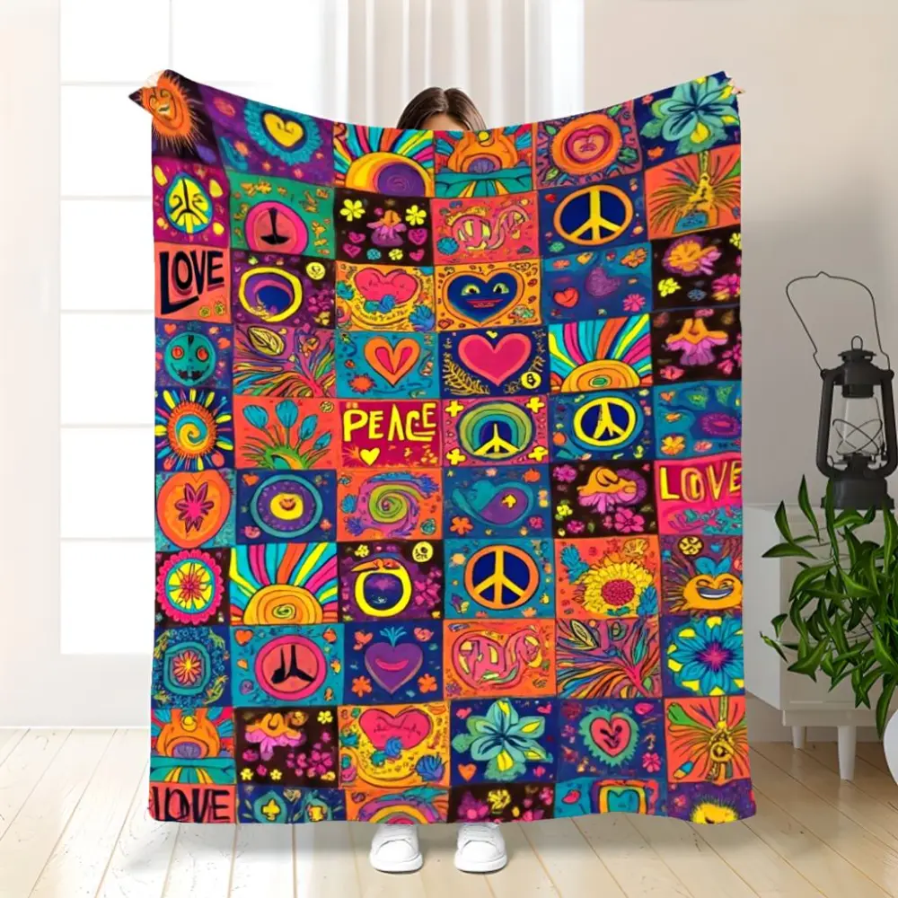 Hippie Blanket, Retro 60s 70s Peace Sign Throw Blanket, Colorful Psychedelic Fleece Blanket for Couch Sofa Bed, Boho Room Decor, Vintage Flower Pattern Blanket, Cozy Soft Blanket Gift for Hippie Lovers, Festival Decor