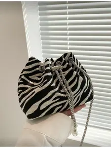 Small Bucket Bag Zebra Print Drawstring Design Pearl Decoration Fashion Women's Crossbody Bag