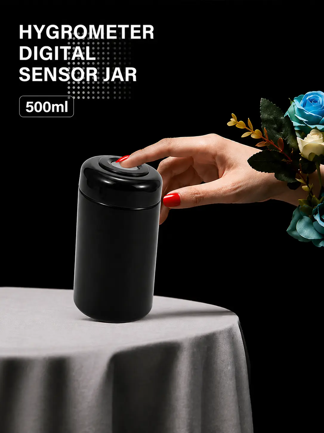 500ml Digital Hygrometer-Thermometer Sensor Mason Jar Canister Utensil - UV Protection Dark Glass, Airtight Lid, Stormproof Design, Black Kitchen Storage Container for Tea, Herbs, Spices, Utensils