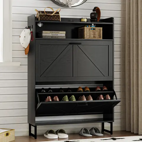 XIXINI Slim Fit MDF Wood Freestanding Shoe Organizer - Rectangular Double Drawer Apartment Furniture with Hidden Shelves, Metal Hooks, Stable Designer Style, 44.7”h x 9.2”d x 30.7”w, Assembly Required (for Corridor, Living Room),familyfun