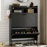 XIXINI Slim Fit MDF Wood Freestanding Shoe Organizer - Rectangular Double Drawer Apartment Furniture with Hidden Shelves, Metal Hooks, Stable Designer Style, 44.7”h x 9.2”d x 30.7”w, Assembly Required (for Corridor, Living Room),familyfun
