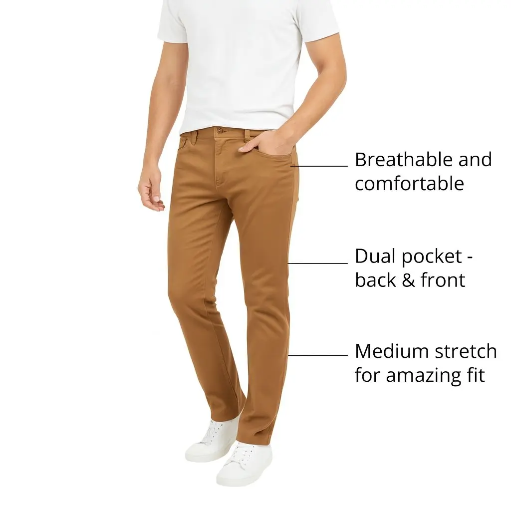 Men's Single Pack Chinos Slim Fit Stretch Pants Breathable Comfortable Dual Pocket Medium Stretch for Amazing Fit Machine Washable Menswear Stylish Beige Plain Trouser