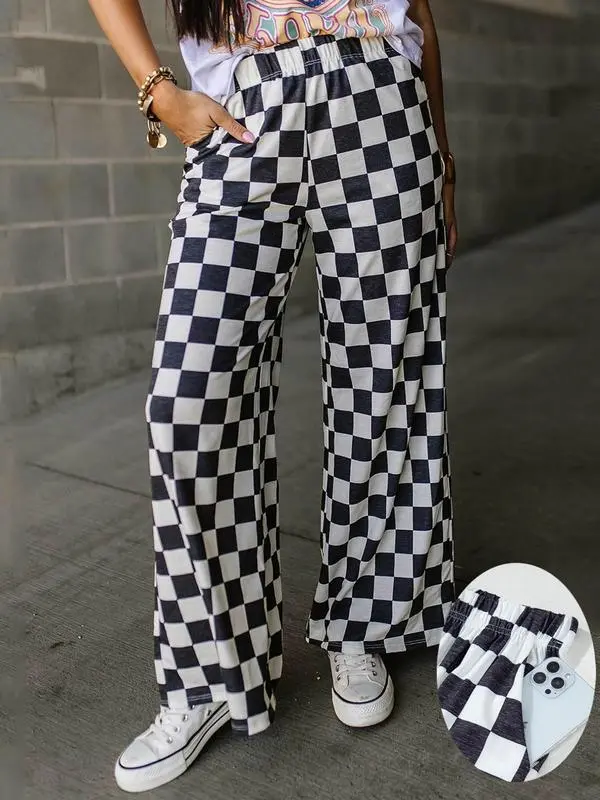 Vhein Women's plaid print pocket elastic waist straight pants, casual and comfortable trousers for daily wear, women's pants Loungewear Pajama linen pants