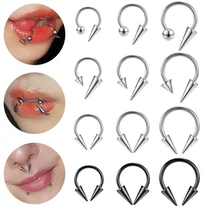 12Pcs Spike Circular Barbells for Women Men, 316L Stainless Steel C Shape Lip Rings, Punk Cone Nose Septum Piercing Jewelry, Hypoallergenic Body Piercing for Lip Nose Ear