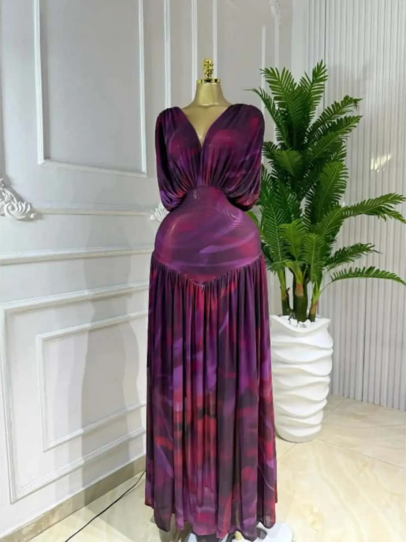 PULKRITU Women's Lady Tie-Dye Print V-Neck Batwing Short Sleeve Maxi Dress, Womenswear Autumn Birthday Party Vacation Gown, Sexy Evening Dress, Elegant Dress, Pleated A-line Trendy Floor Length Dresses, Streetwear Beach Clothing