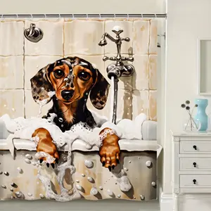 Playful Dachshund Shower Curtain Featuring Bubbles, Perfect for Adding Whimsical to Your Bathroom Decor, Polyester Fabric, It Comes with Hooks And Showcases a Vibrant Forest Theme