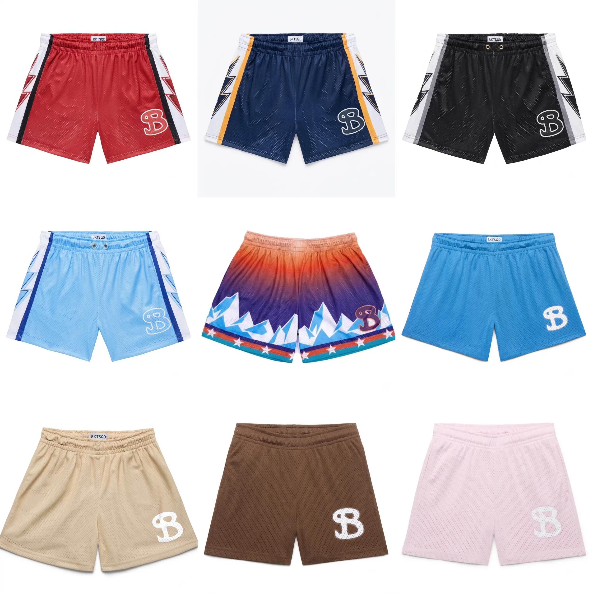 [ Flash Sale - Bucketsquad Short ] Graphic Mesh Basketball Shorts - Breathable Athletic Shorts with Side Stripes & Mountain Graphic, Gym Workout & Summer Streetwear