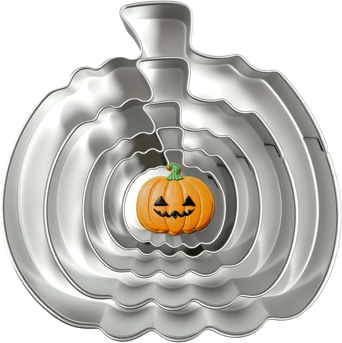 Multi-Size Stainless Steel Pumpkin Cookie Cutters Set (5-Count, 3.94in, 2.95in, 2.05in, 1.57-1.46in, 1.18in) with Storage Box - Sturdy Kitchen Bakeware Baking Utensils for Adults, Halloween Fall Decor, Fruit, Cheese