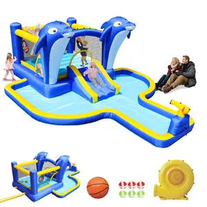 8-in-1 Inflatable Slide Park Trampoline Bouncing House, Outdoor Garden Multi-Game Set with Dolphin Sprinkler, Target Games, Water Gun, Basketball, ETL Blower
