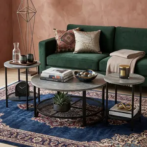 Modern 3 In 1 Round Coffee Table & Side Table Combo 31.6 Inch Industrial Home Furniture With Stable Metal Legs Easy To Install Space Saving Table Set For Living Room Office Dorm Apartment