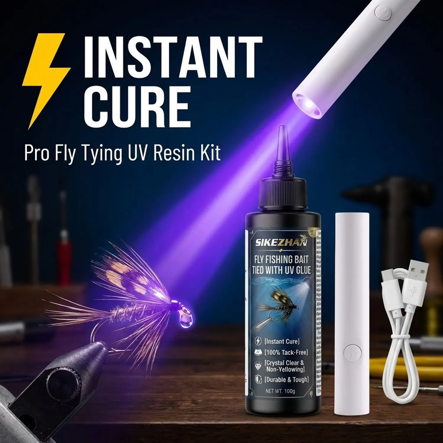 Pro Fly Tying UV Resin 100g and USB UV Lamp Kit, Crystal Clear Hard Tack-Free UV Bonding Glue, Casting Glue Instant Cure for DIY Fishing Lure Bait Making, Odorless Fly Fishing Adhesive for Head Coating & Wing Repair, Solar Acrylic Curing Resin Kit