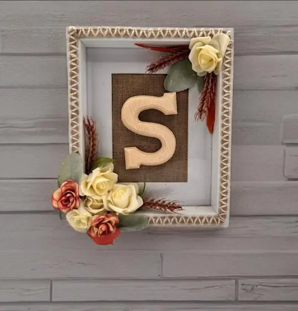 Personalized Picture Wall Frame with Silk Flowers & Greenery 9"x11" Customizable Name Initial Wood Decor Gift