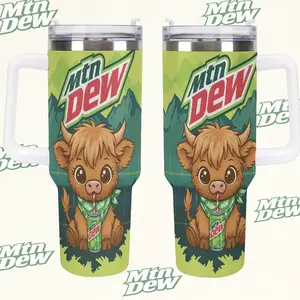 Mtn Dew Highland Cow Tumbler - 40oz Travel Mug with Handle and Straw - Cute Baby Cow Graphics, Mountain Landscape Design, Dew the Moo Adorable Highland Cow Mtn Dew Aesthetic 40oz Travel Cup, The Perfect Gift for Soda Lovers & Farm Animal Fans
