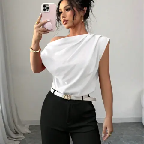 Women's Pleated Crossbody Casual Elegant T-Shirt, Top, Perfect for Daily Wear, Vacation Travel, Comfortable and Stylish