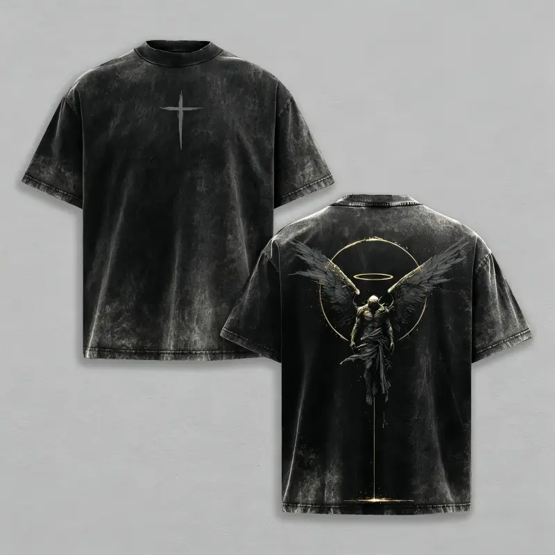 Men's Oversized Heavy Cotton Top, Gothic Faith Fallen Angel & Crusader Print, Pre-Washed Vintage Acid Wash, Rib Collar, Free Expedited Shipping, Streetwear, T Shirt,back to school,back to school shopping