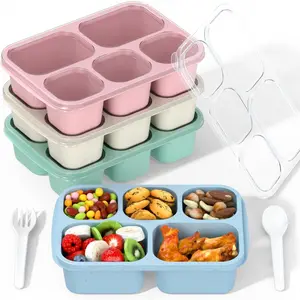 Bento Box Adult Lunch Box - 4 Pack, 5 - Compartment Meal Prep Container for, Reusable Food Storage Snack Containers - Stackable for School, Work, and Travel (Wheat(Green/Blue/Pink/Beige))