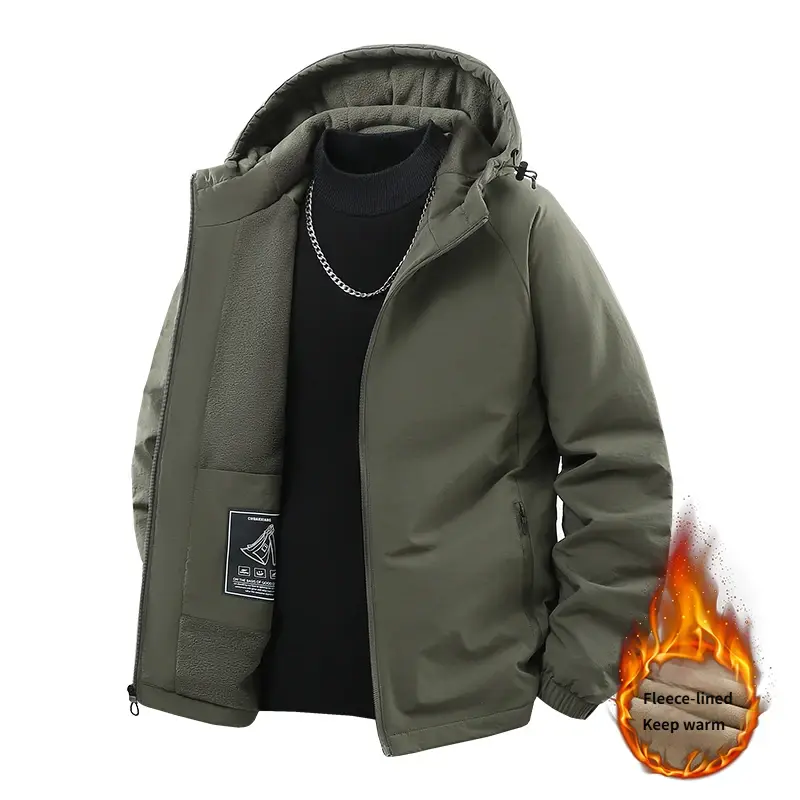 Men's Fleece Lined Thick Cotton Jacket, Fall & Winter Warm Clothing, Hooded Windproof Thermal, Casual Daily Wear, Outdoor Hiking Travel Camping
