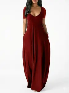 Women's Casual V Neck Maxi Dress Short Sleeve Loose Flowy Long T-Shirt Dress with Pockets