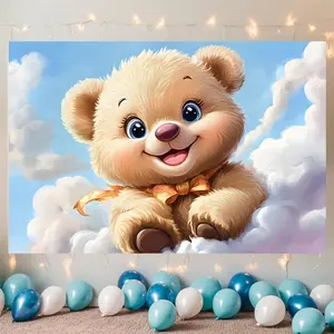 1pc Adorable Cartoon Bear Polyester Banner - Whimsical Sky & Clouds Design, Perfect for Home, Room, and Party Decor, Party Backdrop | Playful Design | Durable Polyester, Bear Decor, Party Decoration Supplies, Photo Backdrops