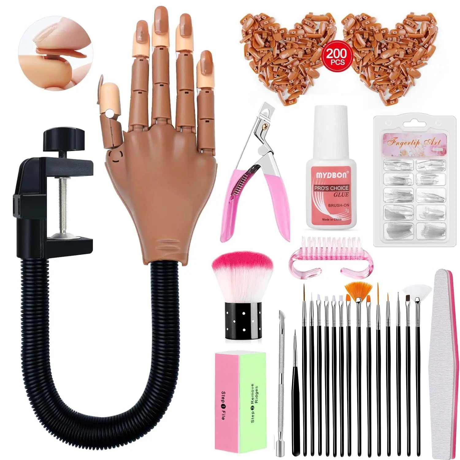 Practice Hand for Acrylic Nails-Flexible Moveable Manicure Nail Art Practice Nail Training Hand Kits, False Mannequin Hands with Fake Nail Tips, Nail Files and Clipper，Nail Practice Hand for Nail Training