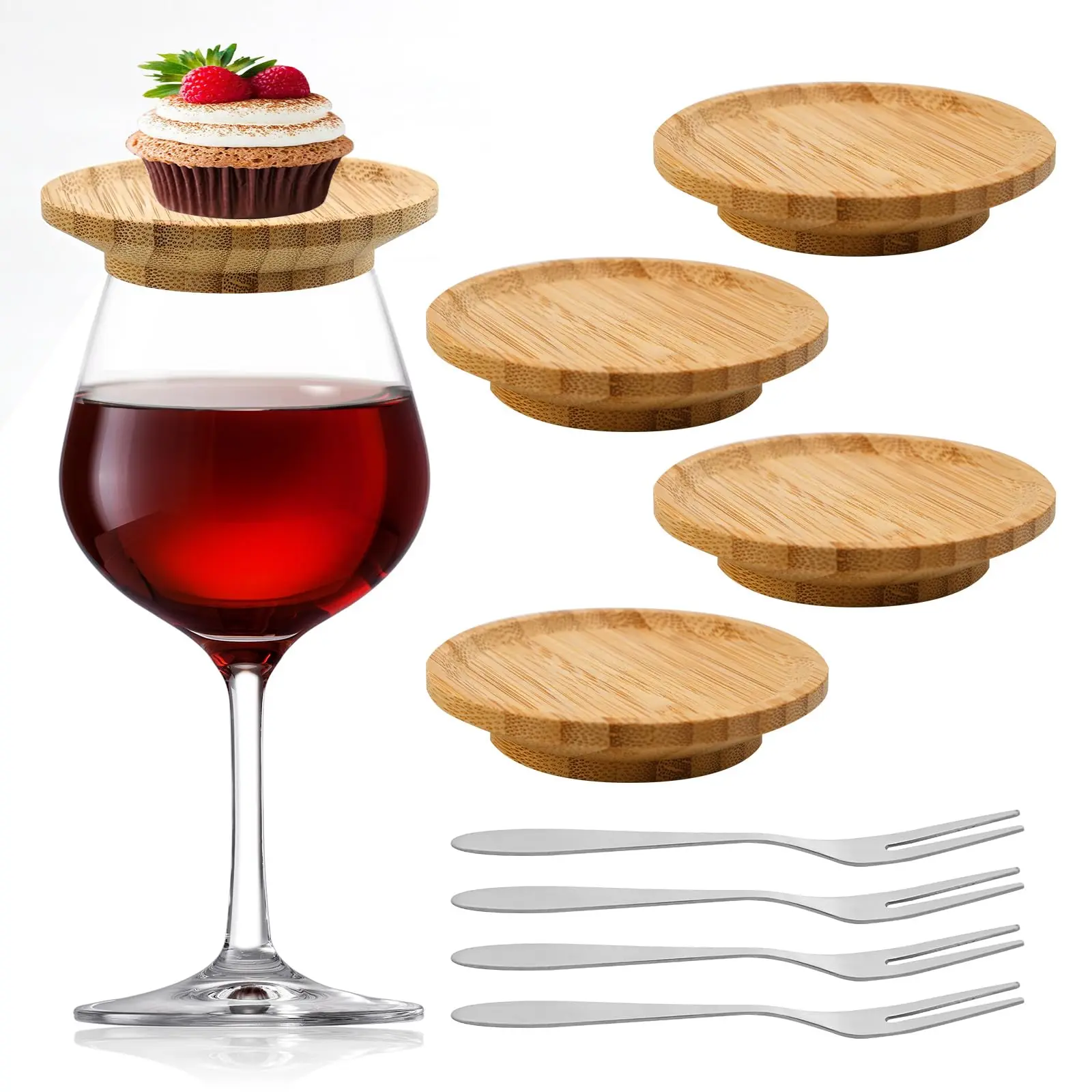 4-Piece Bamboo Wine Glass Charcuterie Topper with 4 Fruit Forks, Mini Charcuterie Boards, Wooden Charcuterie Wine Glass Toppers, Mini Charcuterie Board for Appetizer Plates Desserts