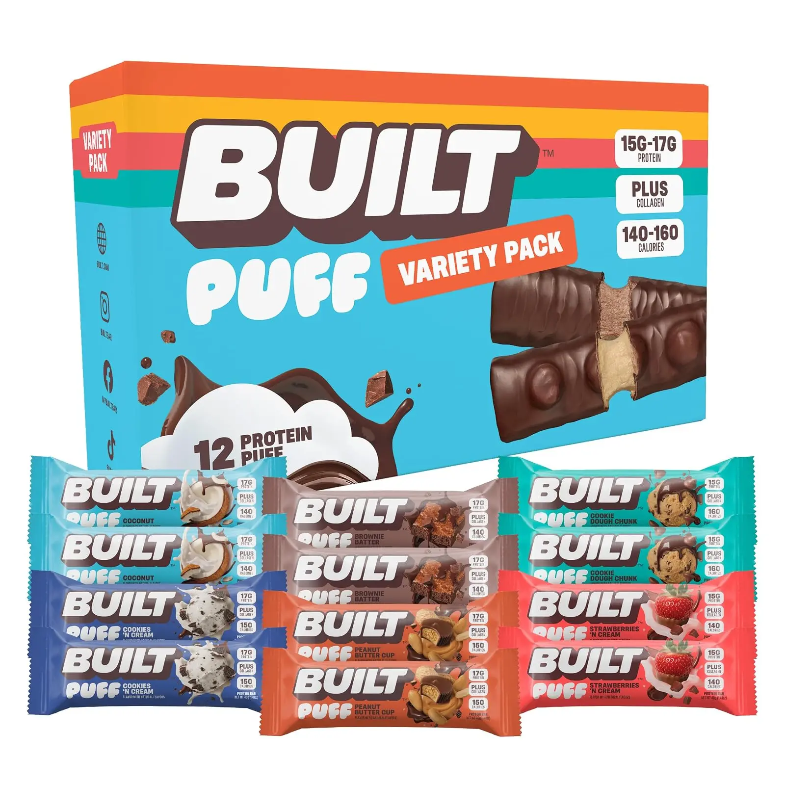 BUILT Bar Puff Protein Bars - Variety Pack - 15-17g Protein Snack Bars with Collagen - Calorie Conscious & Gluten Free - 12 Count, Variety May Vary | Protein Snack Bars with Collagen, Calorie Conscious, Gluten Free
