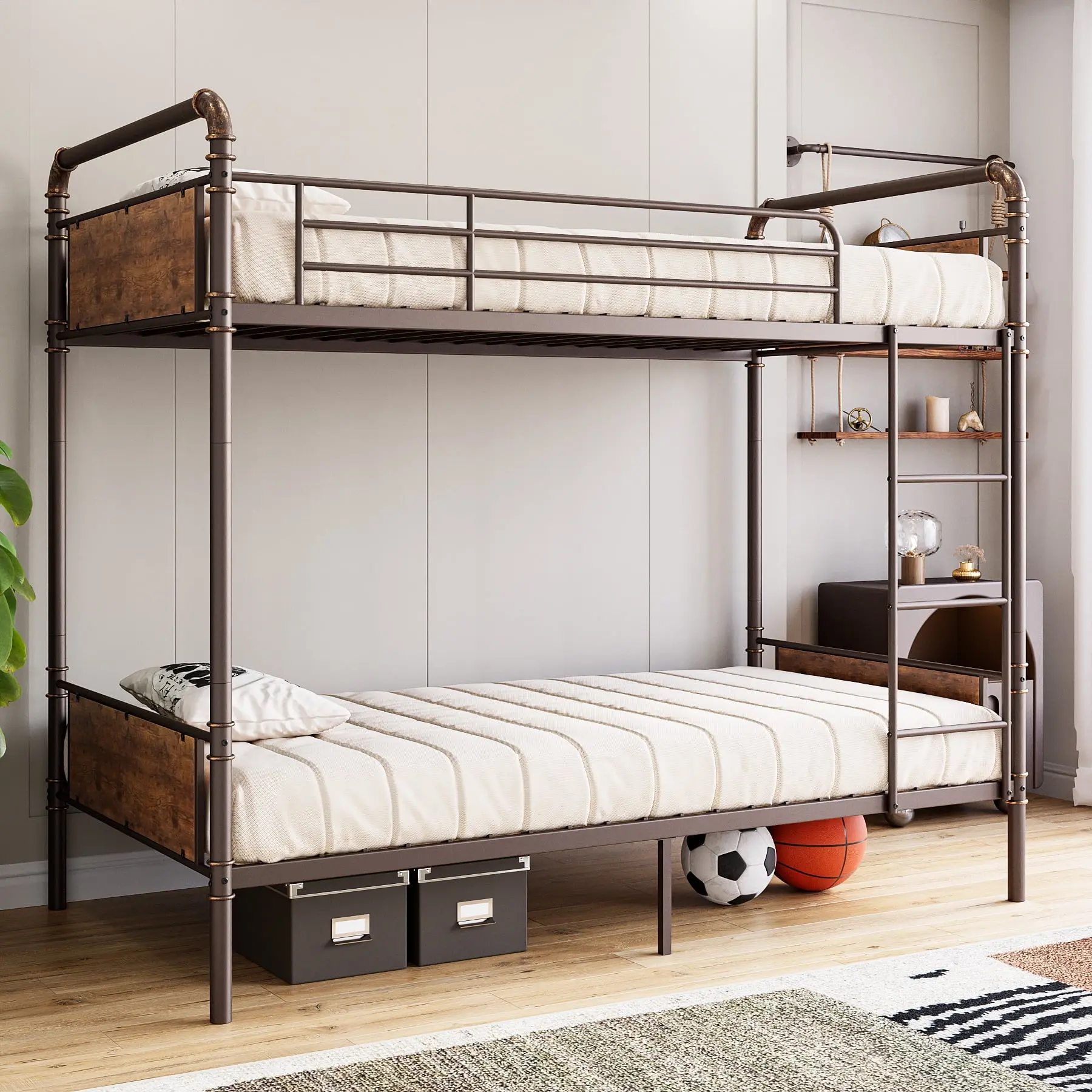 Gaomon Twin Over Twin Metal Frame Bunk Bed with Storage, Heavy-Duty Sturdy Construction, Included Guardrails & Ladder, Convertible Design, No Box Spring Needed, Brown, for Adults, Twin Beds