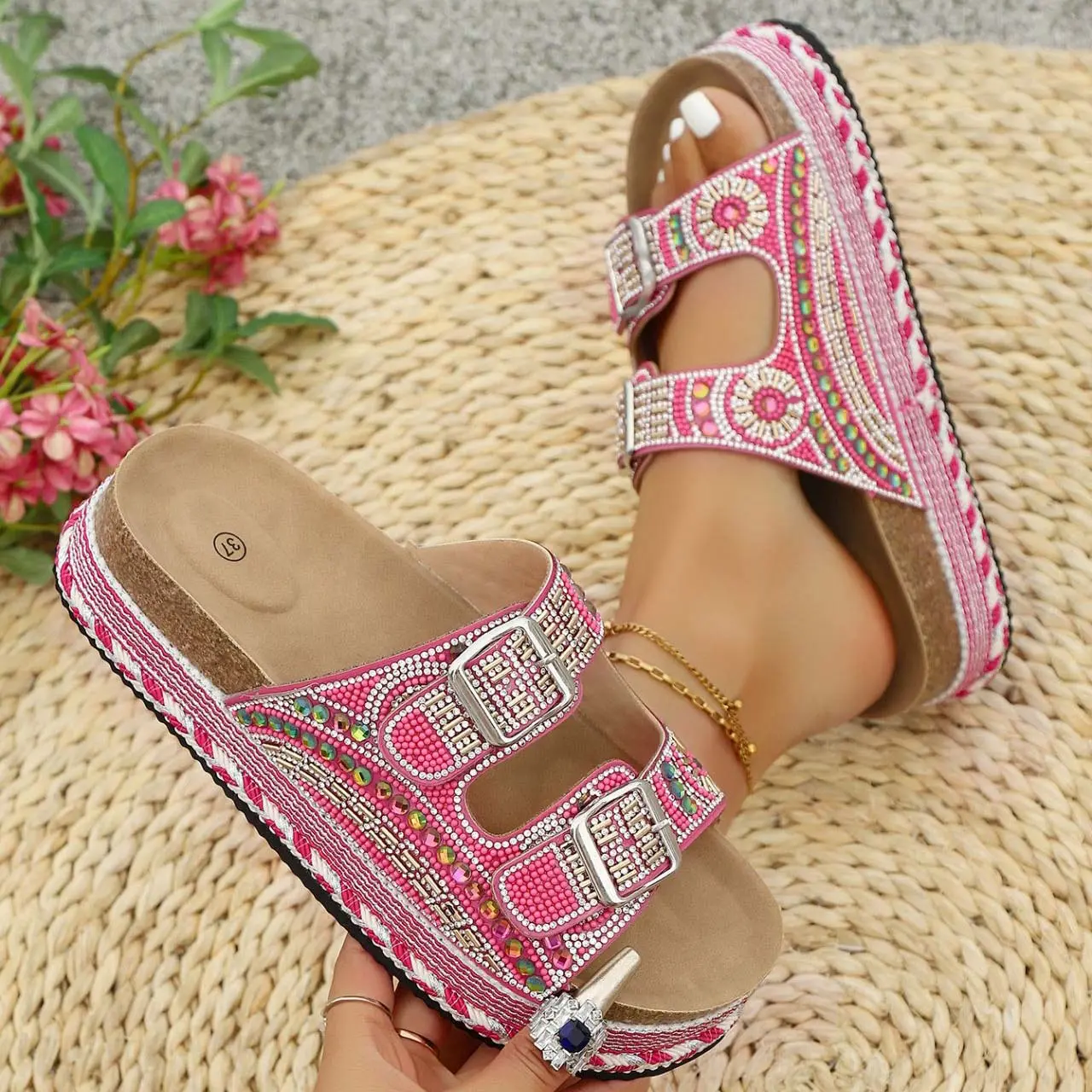 Women's 2-Strap Slide Sandals with Cork Footbed and Arch Support, Flat Anti-Slip Water-Resistant Footwear for Indoor/Outdoor Beach Walking, Anti-Slip Water-Resistant Women's Sandals, Traction Eva Sole, Shoe, Arch Women's Sandals