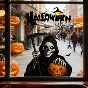 Halloween Window Decal, 45cm X 60cm PVC Static Adhesive, Horror Scythe Skull Guard Pumpkin Lantern, Home Festival Decorations