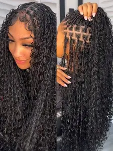 Box Braid Wig Curly Synthetic Full Lace Front Wig Women Goddess Braids Wig Burgundy Bohemian Box Braid Wig