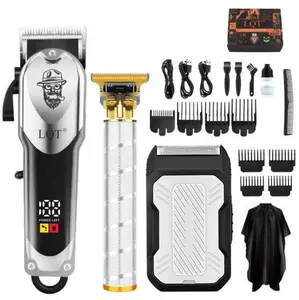 LQT Luxury 3pcs Grooming Set: black-silver clipper with LED display, zero-gap silver trimmer, black-white portable shaver. R-shaped safe blades, quiet motor for kids, large lithium battery long runtime, USB fast charge, must-have for home travel business