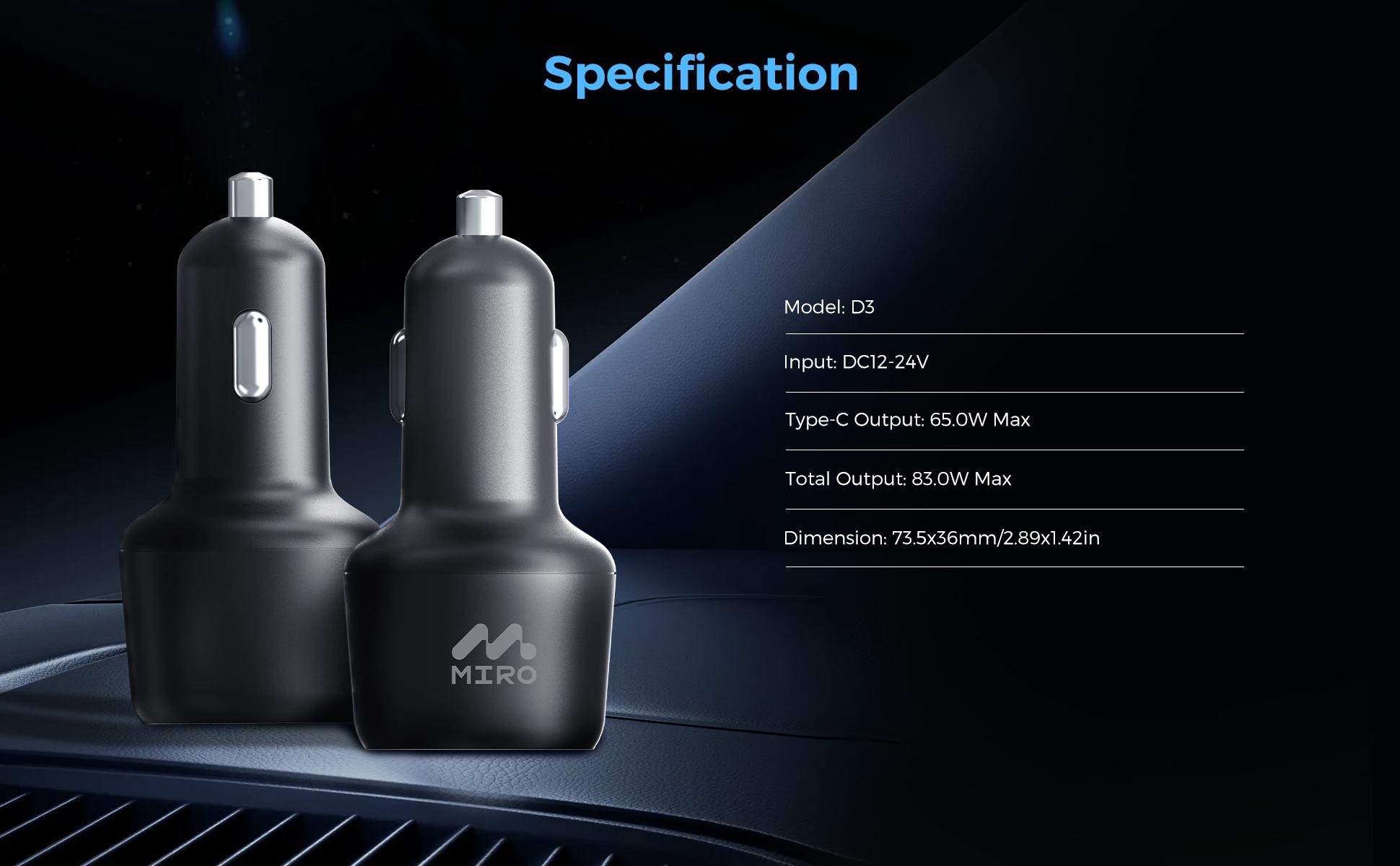Miro D3 Car Charger 83W Dual-Port Fast Charging 65W PD 18W QC3.0 Safe Compact USB-C & USB-A Ports Miro D3 Car Charger 83W Dual-Port Fast Charging 65W PD 18W QC3.0 Safe Compact USB-C & USB-A Ports