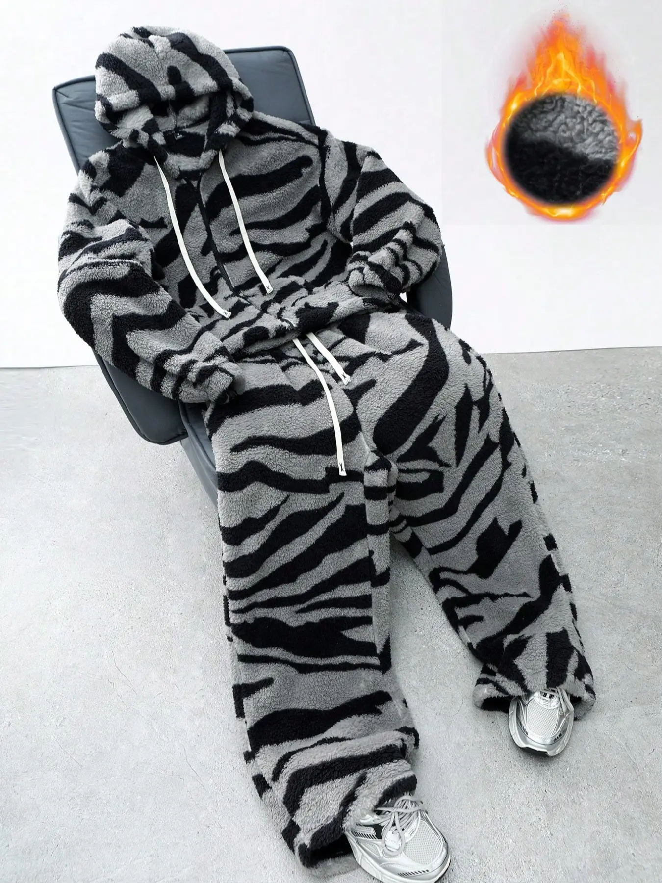 Trendy Retro Zebra Print Lamb Fur Sports Set, Loose Fit Warm Two-Piece with Hoodie Jacket, Street Fashion Couple Style