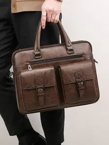 Men's Handmade Vintage Leather Shoulder Bag, Business Travel, Fits 16 Inch Laptop, Daily Use, All Seasons, Random Print