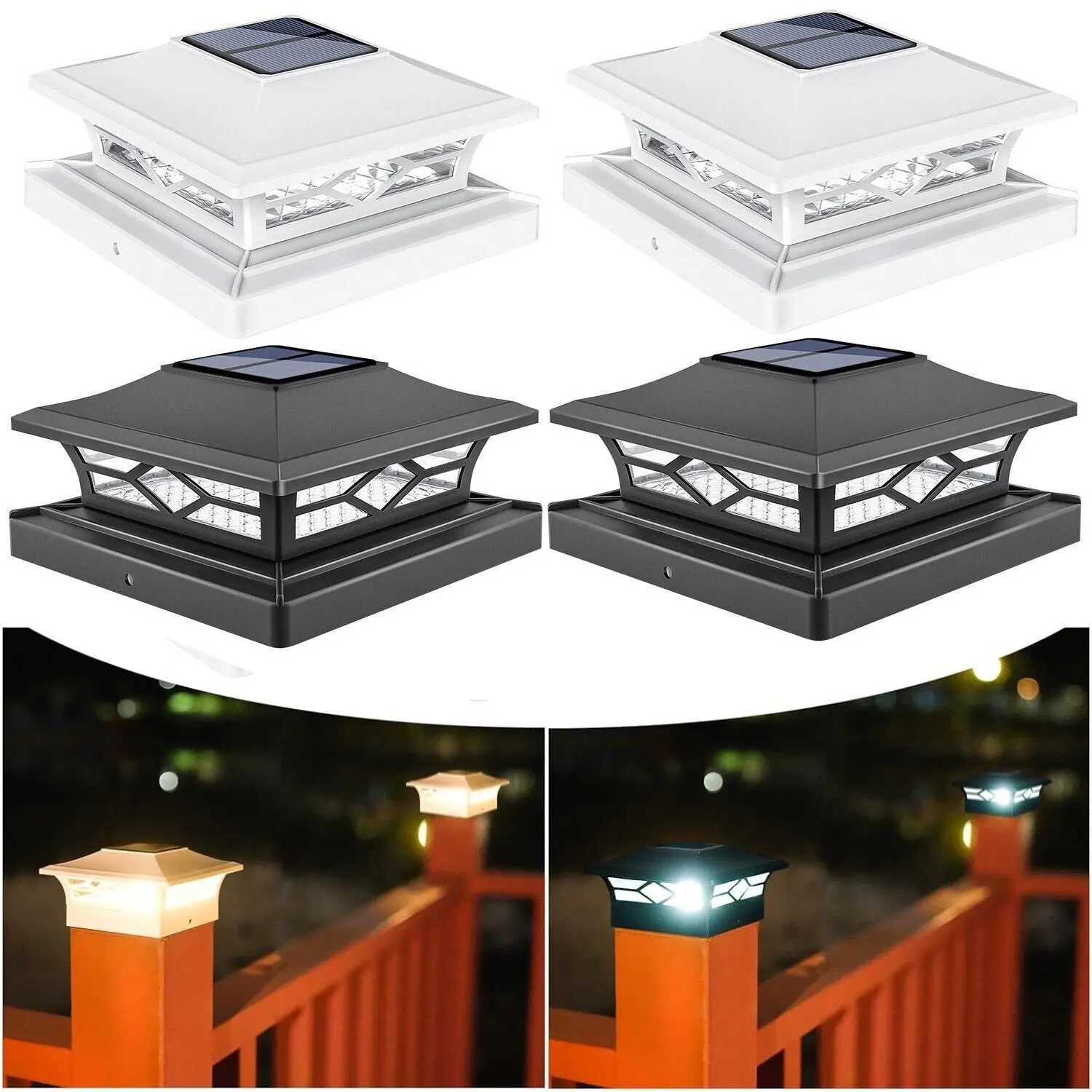 SJPACK 2 PCS Solar Post Deck Cap Lights Outdoor Fence Dock 4x4/6x6 LED Lamp PVC Vinyl