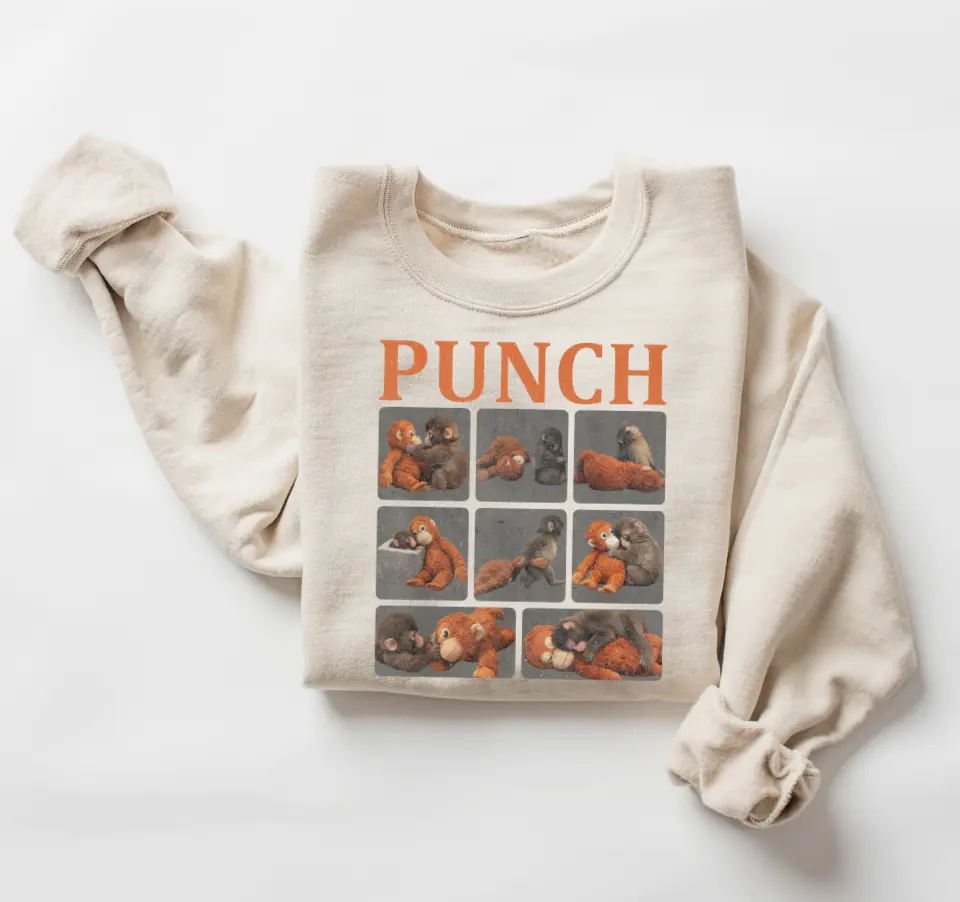 Monkey Punch Graphic Sweatshirt, Baby Monkey Holding Plush Toy, Animal Lover Gift, Cute Cozy Shirt