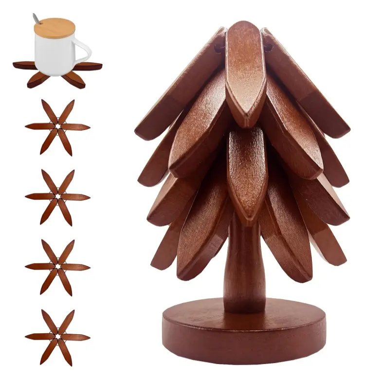 Natural Walnut Solid Wood Trivet Set with Kitchen Coasters - 4 Tree-Shape Wooden Trivets, 1 Stand, Hot Dish Protection, Stackable Design, Solid Wood Trivets