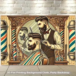 1pc 2D Flat Barber Shop Backdrop - Vintage Barber Pole Design Bearded Customer - Electricity Needed Easy Hang Installation - Durable Polyester Fabric Salon pty Home Office Decor - Barber decor Ba