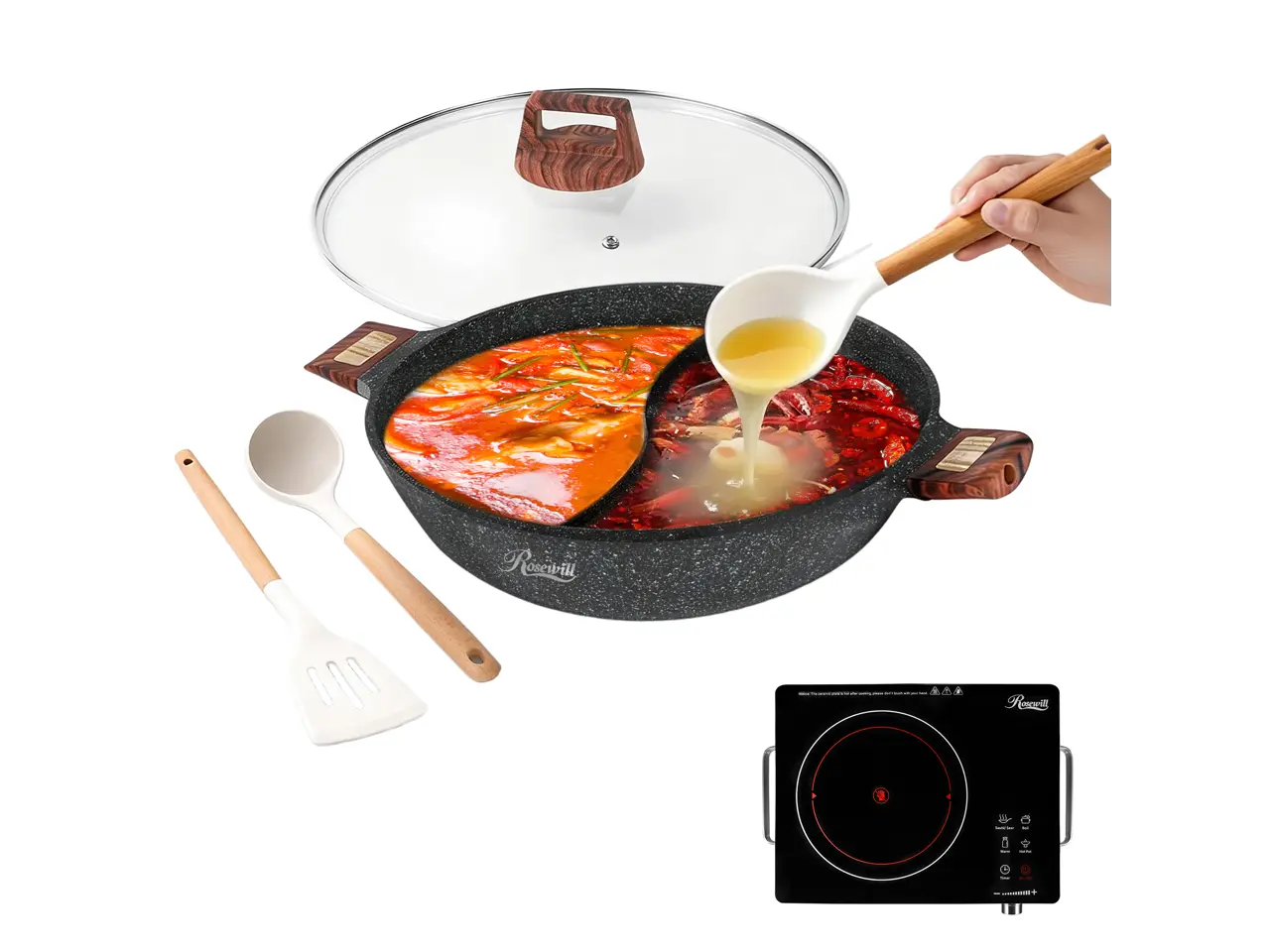 Rosewill 4.2QT Double Flavor Non-sticking Shabu Shabu Hot Pot with Divider, 13 inch Divided Stockpot for Cooking, Hot pot for Induction Cooktop and Gas Stove, Electric Burner, Silicon Soup & Ladle Included - Dark Gray
