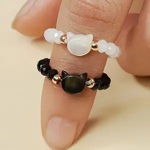 2Pcs Black & White Cat Rings, Adjustable Resin Rings, Vintage Fashion Jewelry for Women, Perfect for Daily Wear, Party & Valentine's Day Gift