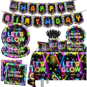 Neon Party Supplies,142 Pcs Glow Party Decorations, Including Disposable Paper Plates, Cups, Tablecloths, Glow in the Dark Theme Decoration For Birthday, Baby Shower Party