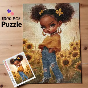 Tucocoo Cute African American Girl Sunflower Field 1000 Pieces Jigsaw Puzzle, Relaxing Family Game Stress Relief Brain Teaser Challenging Fun Wall Decor Gift Idea for Adults Seniors Kids Artistic Illustration Cozy Leisure Activity 27.5x20inch 70x50cm