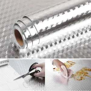 Kitchen oil proof sticker, aluminum foil splash proof self-adhesive contact paper, cabinet lining waterproof and heat-resistant peel off sticker, silver cubic grid texture (40CM wide * 5 meters)