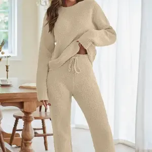 TikTok Made Me Buy It! 2025 Ultra Cozy Set Women's Fall Winter Loungewear Thick Warm Matching Outfit Beige Pajama Nightwear Homewear Top Womenswear