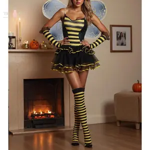 Women Halloween Bee Costume Set Sleeveless Cami Bodysuit with Cute Headband and Mesh Wing Womenswear Cosplay
